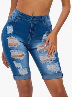 Ripped Mid-Length Denim Shorts - Blue